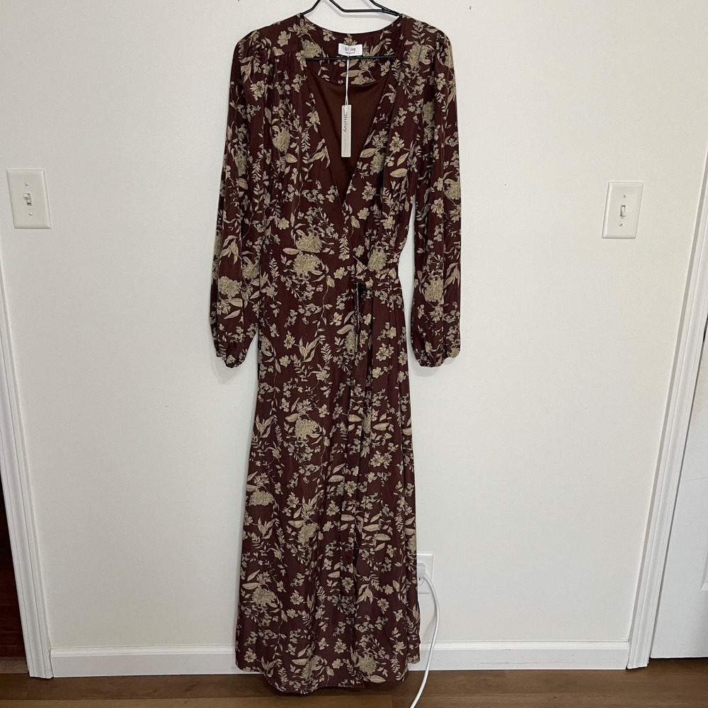 Bluivy Chestnut Brown Maxi Wrap Dress Women's M Cottage Core French Country